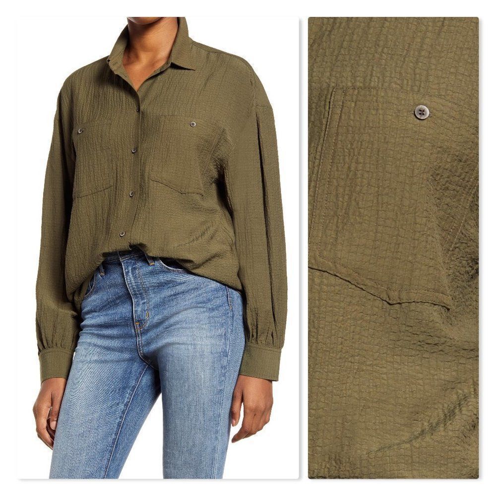 Treasure &  Bond Pleated Sleeve Button-Up Shirt in Olive Night - NEW